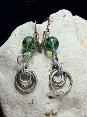 ✨Handmade✨Green Glass Bead Earrings w/ Mixed Metal Rings - Hypoallergenic